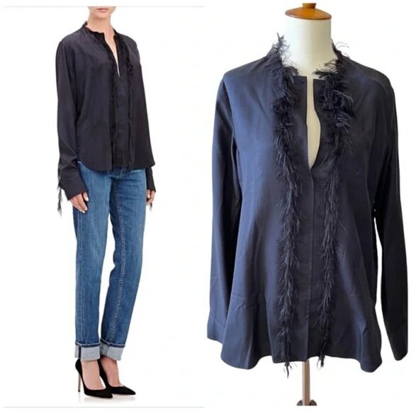 Helmut Lang Tops - Helmut Lang Black Navy Twill Fringe Feather Silk Long Sleeve Blouse